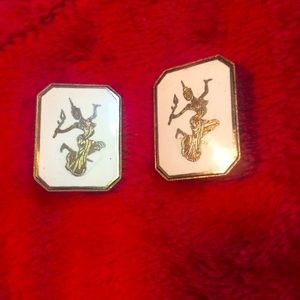 Niello Thai earrings clip dancers Vtg Silvertone